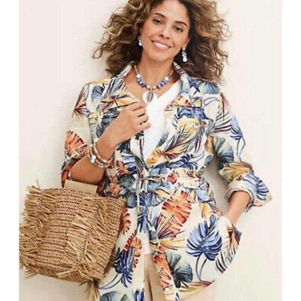 Chicos Tropical Palm Linen Jacket Tunic Women 16-18 XL Multicolor Utility Resort